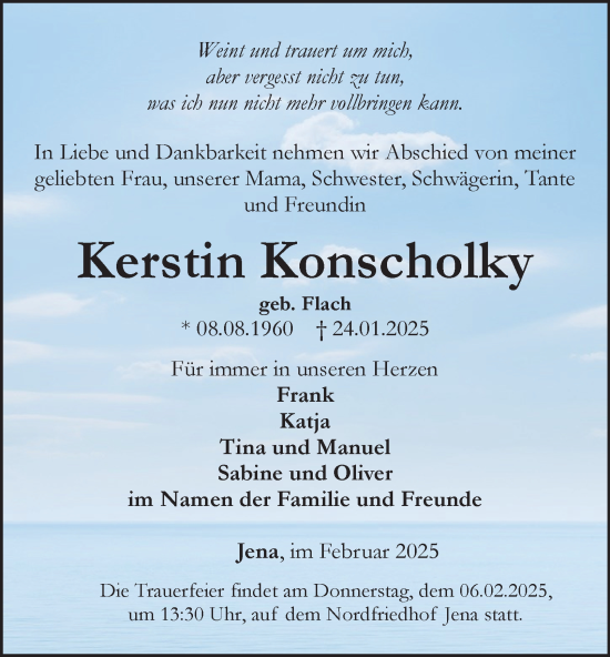 Traueranzeige von Kerstin Konscholky von Ostthüringer Zeitung