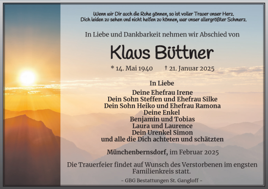 Traueranzeige von Klaus Büttner von Ostthüringer Zeitung