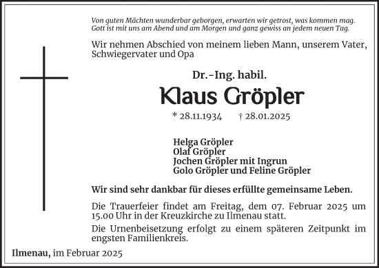 Traueranzeige von Klaus Gröpler von Thüringer Allgemeine
