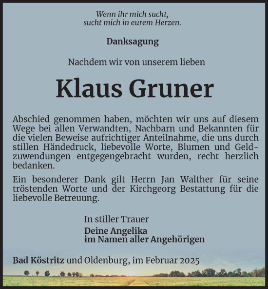 Traueranzeige von Klaus Gruner