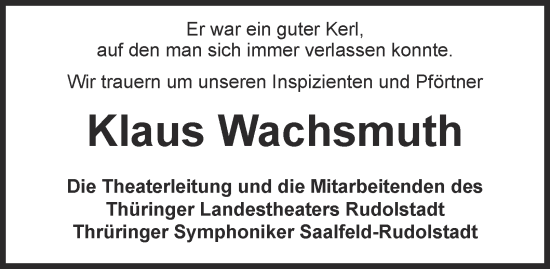 Traueranzeige von Klaus Wachsmuth von Ostthüringer Zeitung