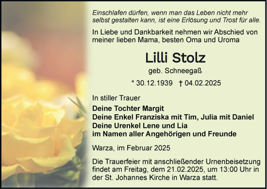 Traueranzeige von Lilli Stolz von Thüringer Allgemeine, Thüringische Landeszeitung