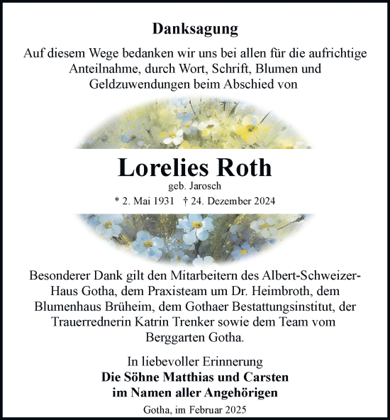 Traueranzeige von Lorelies Roth von Thüringer Allgemeine, Thüringische Landeszeitung