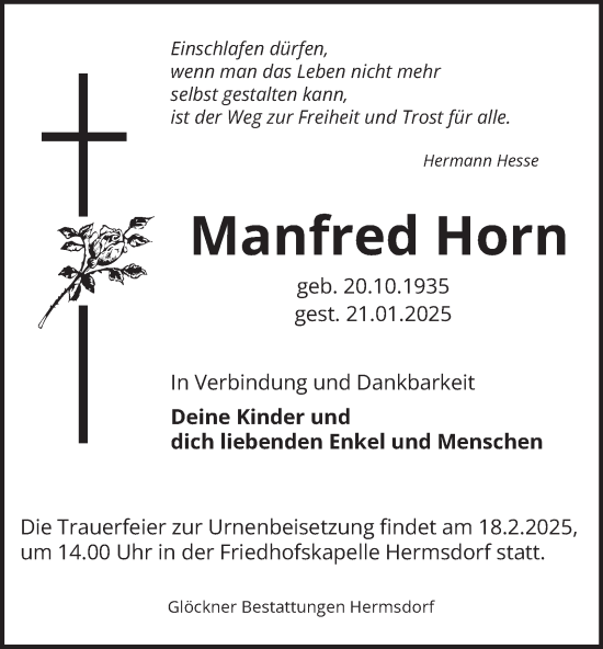 Traueranzeige von Manfred Horn von Ostthüringer Zeitung