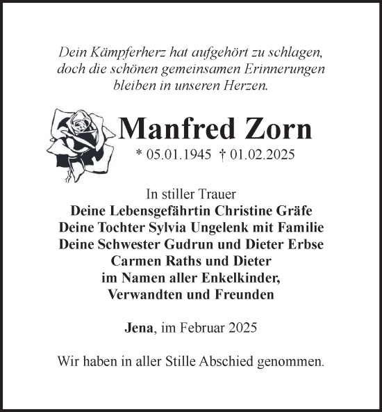 Traueranzeige von Manfred Zorn von Ostthüringer Zeitung, Thüringische Landeszeitung