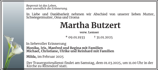 Traueranzeige von Martha Butzert von Thüringer Allgemeine, Thüringische Landeszeitung