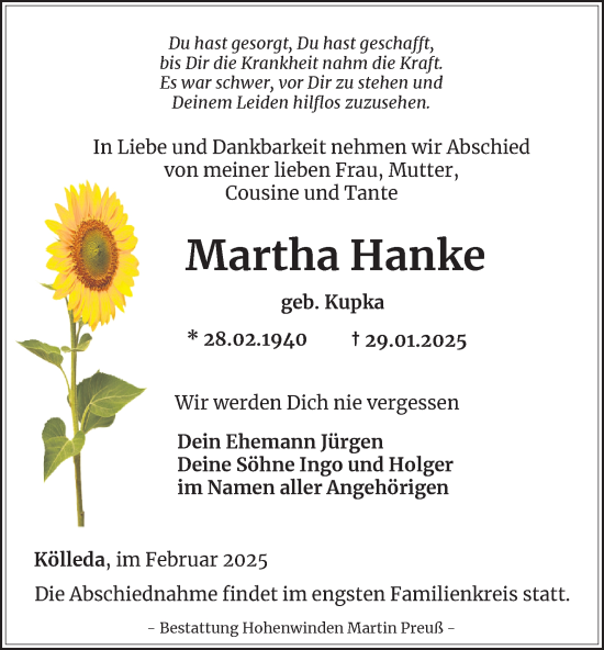 Traueranzeige von Martha Hanke von Thüringer Allgemeine
