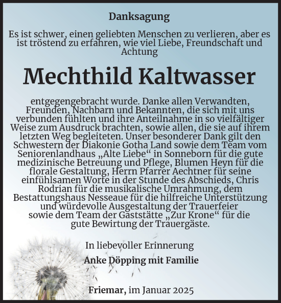 Traueranzeige von Mechthild Kaltwasser von Thüringer Allgemeine, Thüringische Landeszeitung