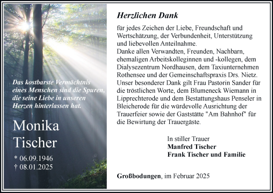 Traueranzeige von Monika Tischer von Thüringer Allgemeine