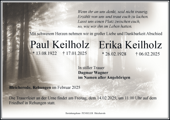 Traueranzeige von Paul Keilholz von Thüringer Allgemeine