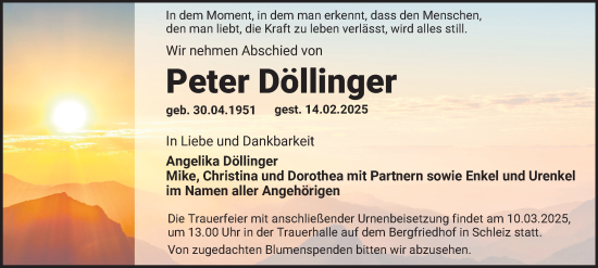 Traueranzeige von Peter Döllinger von Ostthüringer Zeitung