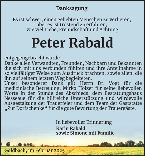 Traueranzeige von Peter Rabald von Thüringer Allgemeine, Thüringische Landeszeitung