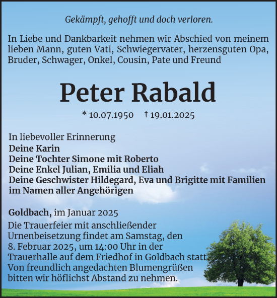 Traueranzeige von Peter Rabald von Thüringer Allgemeine, Thüringische Landeszeitung