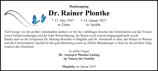Traueranzeige von Rainer Plontke von Ostthüringer Zeitung, Thüringische Landeszeitung
