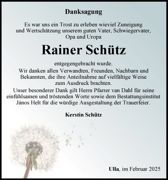 Traueranzeige von Rainer Schütz von Thüringer Allgemeine, Thüringische Landeszeitung