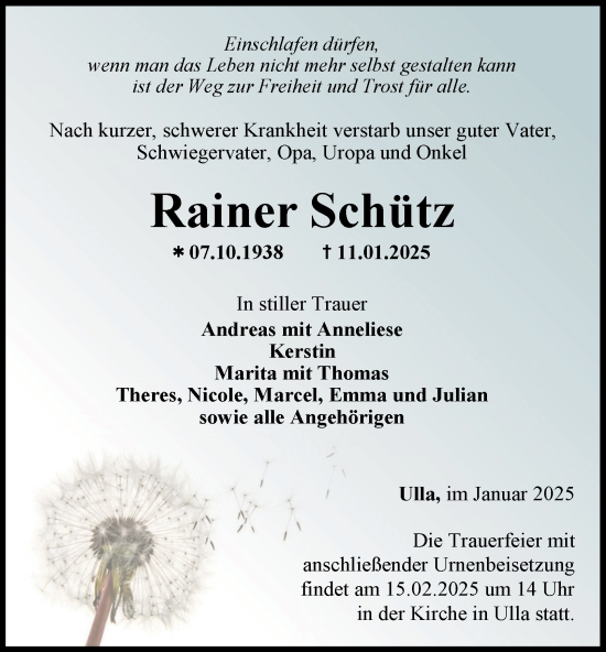 Traueranzeige von Rainer Schütz von Thüringer Allgemeine, Thüringische Landeszeitung
