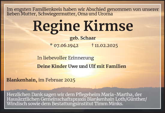 Traueranzeige von Regine Kirmse von Thüringer Allgemeine, Thüringische Landeszeitung