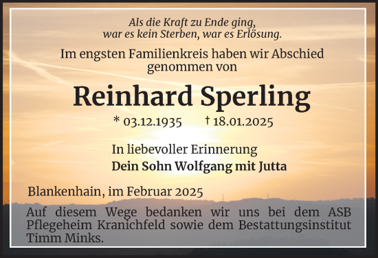 Traueranzeige von Reinhard Sperling von Thüringer Allgemeine, Thüringische Landeszeitung