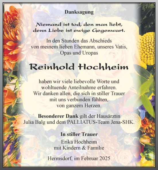 Traueranzeige von Reinhold Hochheim von Ostthüringer Zeitung