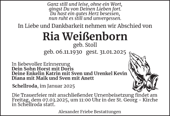 Traueranzeige von Ria Weißenborn von Thüringer Allgemeine, Thüringische Landeszeitung