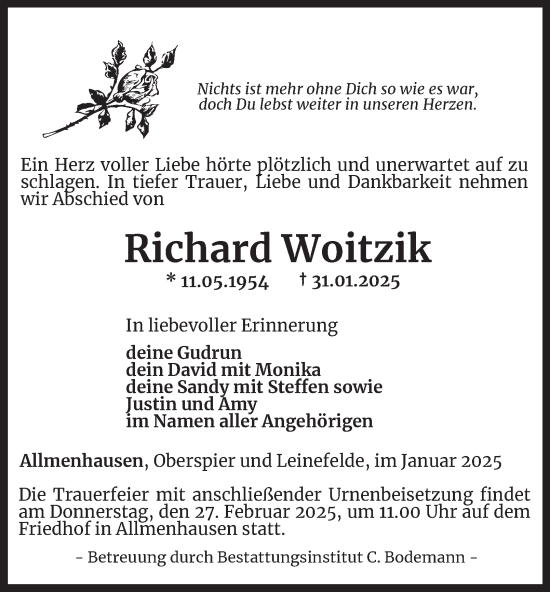 Traueranzeige von Richard Woitzik