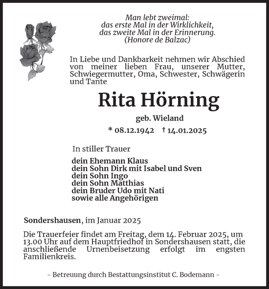 Traueranzeige von Rita Hörning