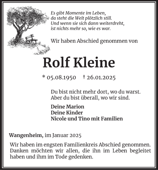 Traueranzeige von Rolf Kleine von Thüringer Allgemeine, Thüringische Landeszeitung