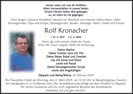Traueranzeige von Rolf Kronacher von Thüringer Allgemeine, Thüringische Landeszeitung