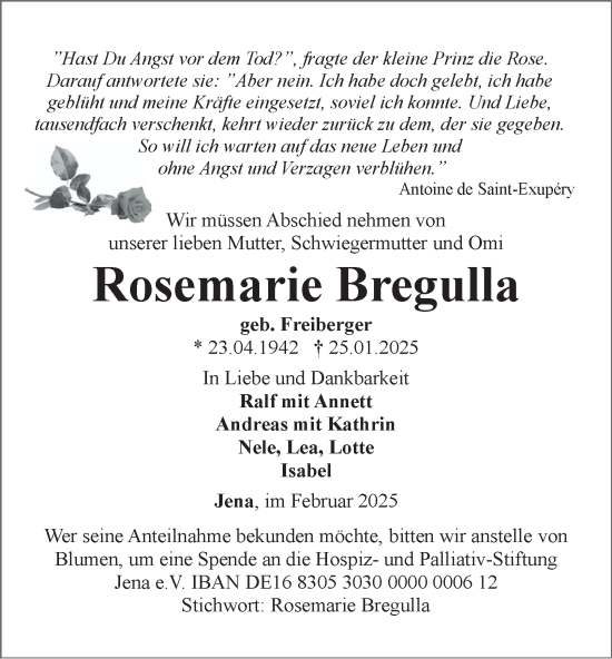 Traueranzeige von Rosemarie Bregulla von Ostthüringer Zeitung, Thüringische Landeszeitung