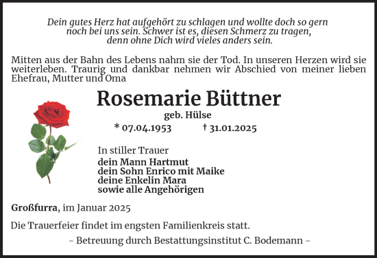Traueranzeige von Rosemarie Büttner