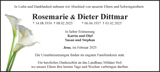 Traueranzeige von Rosemarie und Dieter Dittmar von Ostthüringer Zeitung, Thüringische Landeszeitung