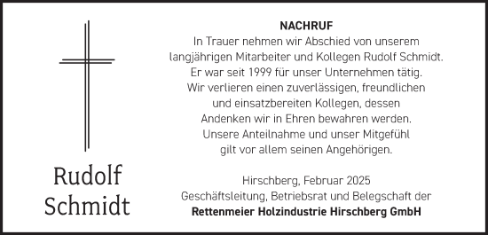 Traueranzeige von Rudolf Schmidt von Ostthüringer Zeitung