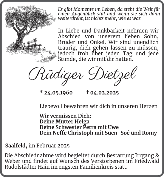 Traueranzeige von Rüdiger Dietzel von Ostthüringer Zeitung