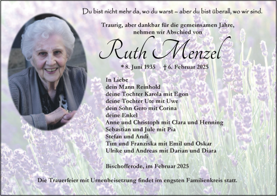 Traueranzeige von Ruth Menzel von Thüringer Allgemeine