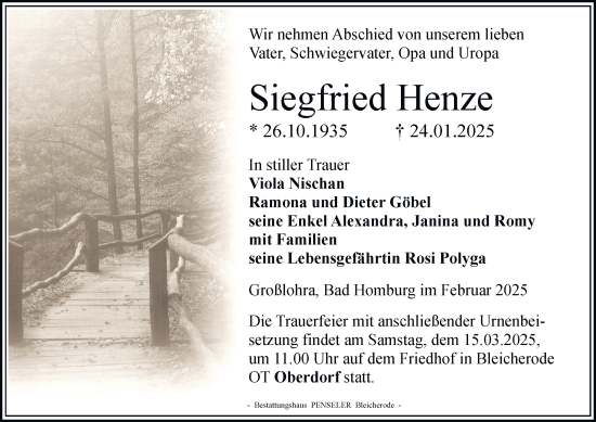 Traueranzeige von Siegfried Henze von Thüringer Allgemeine