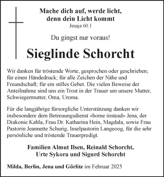 Traueranzeige von Sieglinde Schorcht von Ostthüringer Zeitung, Thüringische Landeszeitung