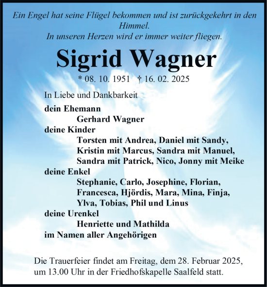 Traueranzeige von Sigrid Wagner von Ostthüringer Zeitung