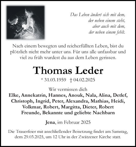 Traueranzeige von Thomas Leder von Ostthüringer Zeitung, Thüringische Landeszeitung