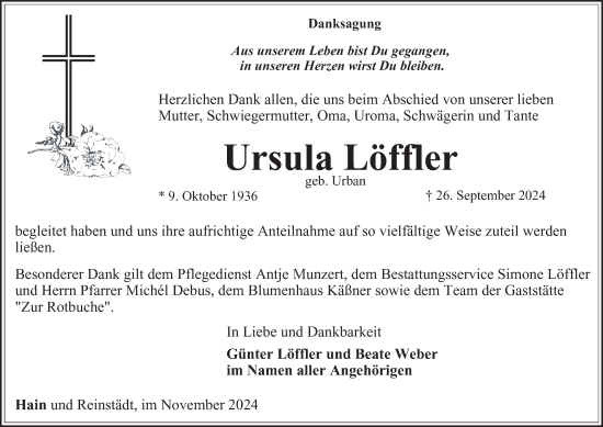 Traueranzeige von Ursula Löffler von Thüringer Allgemeine