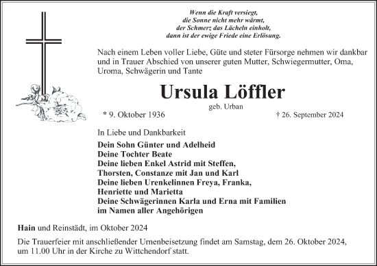 Traueranzeige von Ursula Löffler von Thüringer Allgemeine