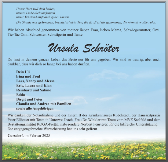 Traueranzeige von Ursula Schröter von Ostthüringer Zeitung