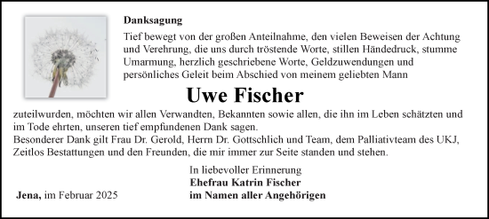 Traueranzeige von Uwe Fischer von Ostthüringer Zeitung, Thüringische Landeszeitung