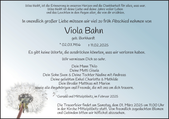 Traueranzeige von Viola Bahn von Ostthüringer Zeitung
