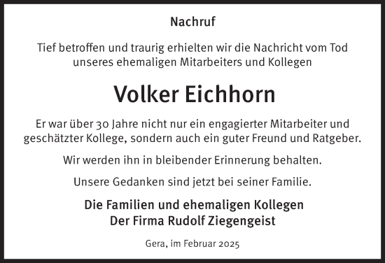 Traueranzeige von Volker Eichhorn von Ostthüringer Zeitung