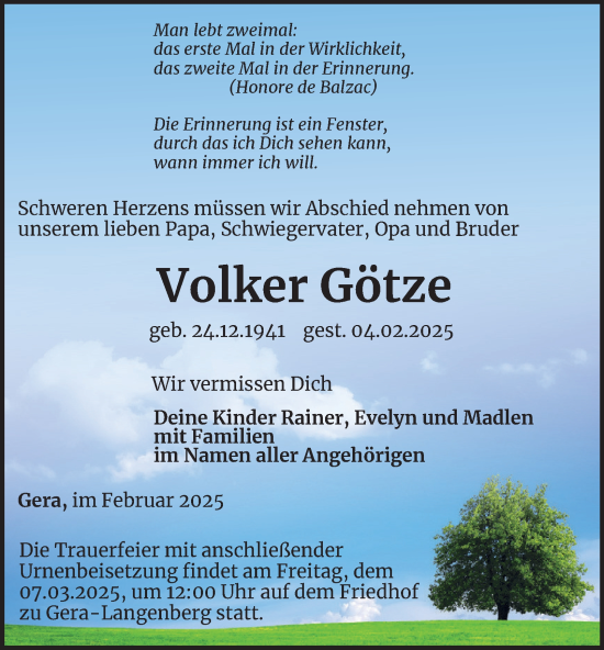 Traueranzeige von Volker Götze