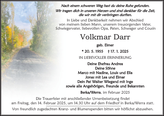 Traueranzeige von Volkmar Darr von Thüringer Allgemeine, Thüringische Landeszeitung