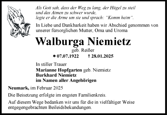 Traueranzeige von Walburga Niemietz von Thüringer Allgemeine, Thüringische Landeszeitung