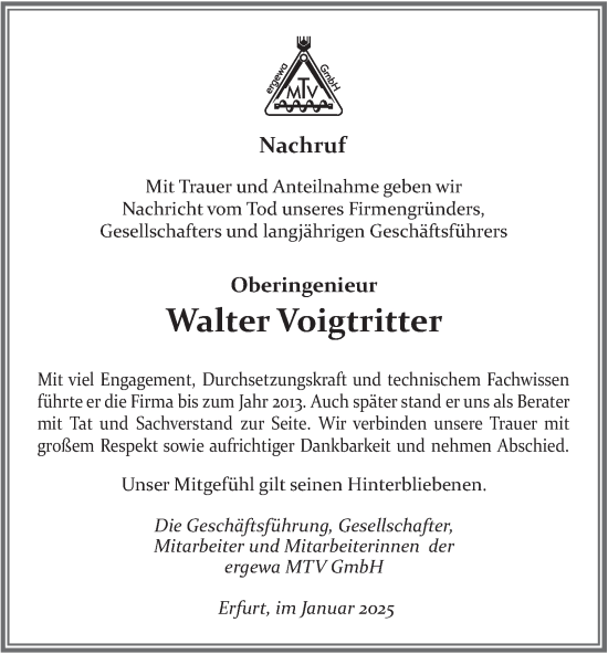 Traueranzeige von Walter Voigtritter von Thüringer Allgemeine, Thüringische Landeszeitung