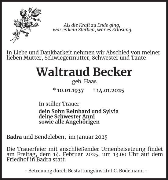 Traueranzeige von Waltraud Becker von Thüringer Allgemeine