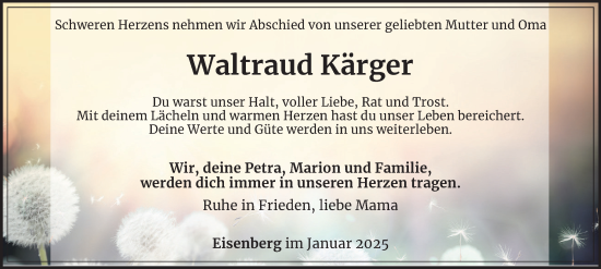 Traueranzeige von Waltraud Kärger von Ostthüringer Zeitung